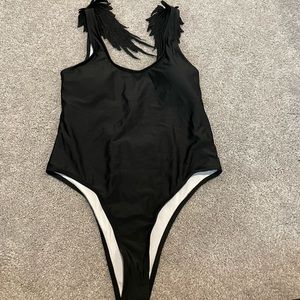 Black one piece swimsuit with wings on shoulders